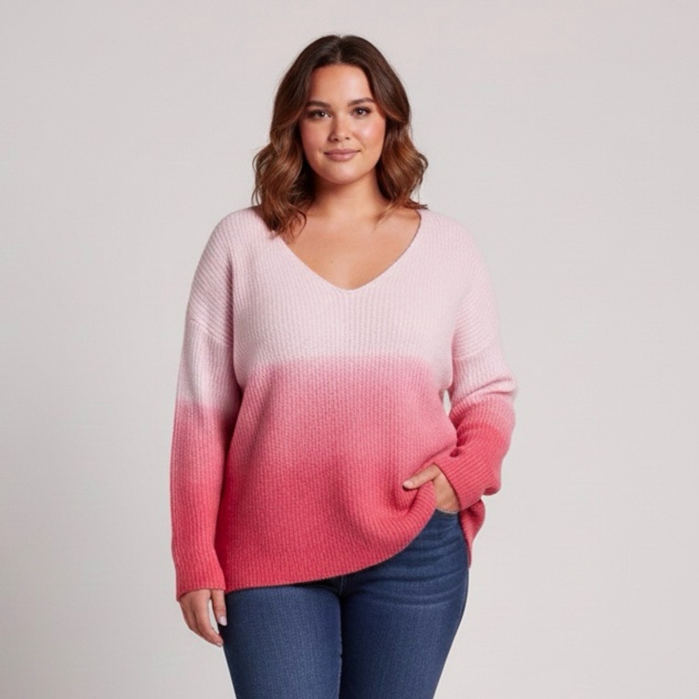 DAVI & DANI Ombre Dip Dye Pink V-Neck Sweater